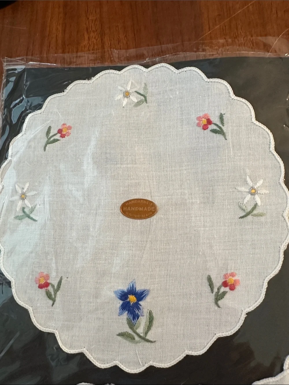 New in Packaging Blue Floral Embroidered White Linen Coaster and Doily Set
